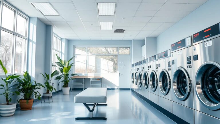 Φωτεινό self service laundry με άνετο χώρο αναμονής και σειρά μεγάλων πλυντηρίων