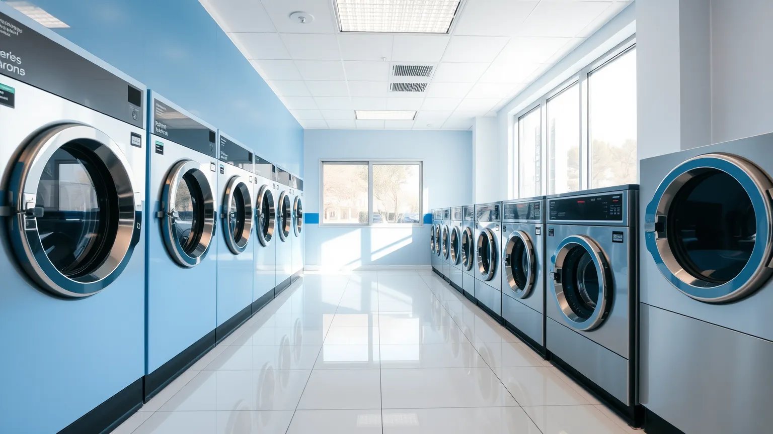 Εσωτερικός χώρος self service laundry WashSpot με σειρά επαγγελματικών πλυντηρίων ρούχων στην Αθήνα