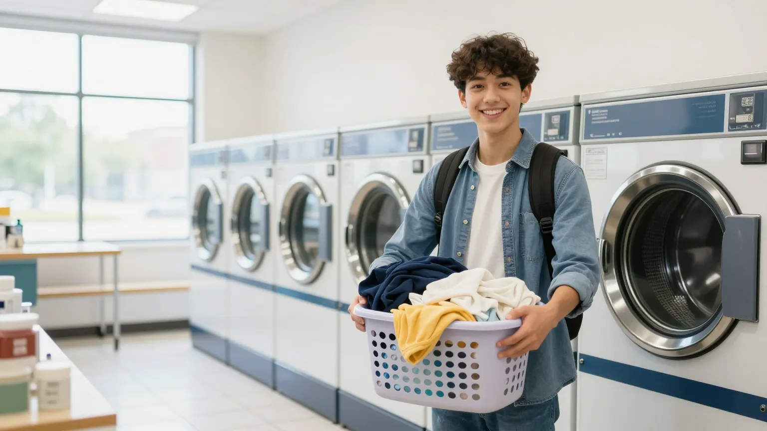 Φοιτητής με καλάθι ρούχων σε self service laundry WashSpot στην Αθήνα